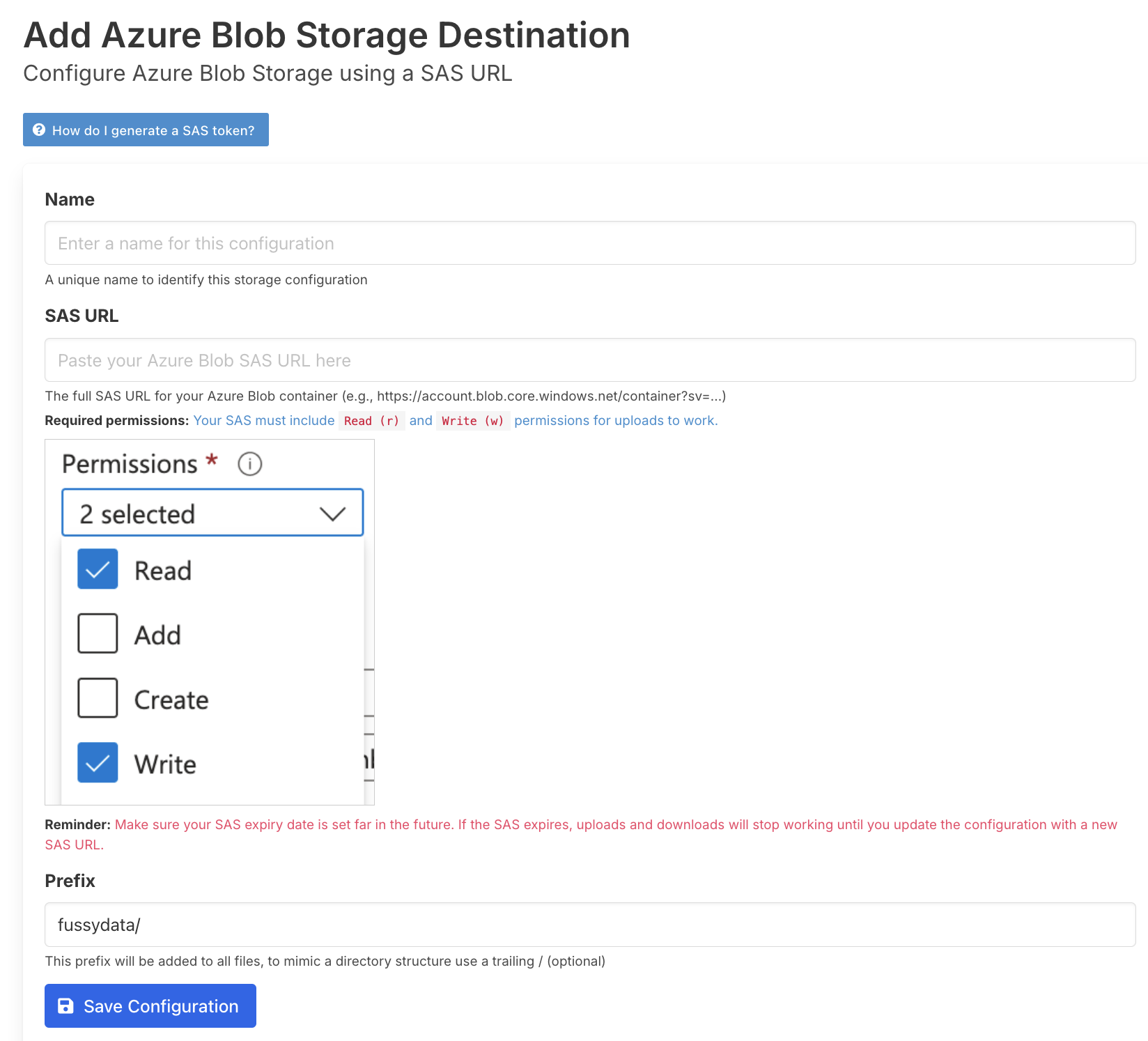 Azure Add Blob Storage Destination