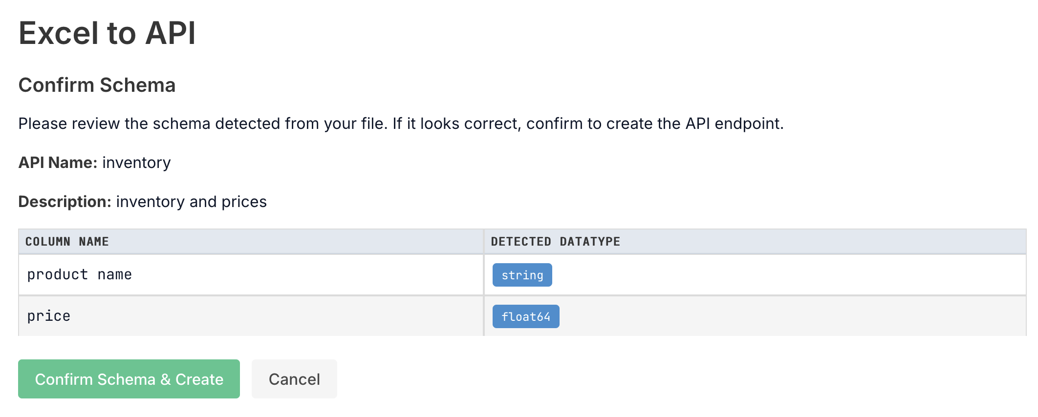 Excel to API Schema Confirmation